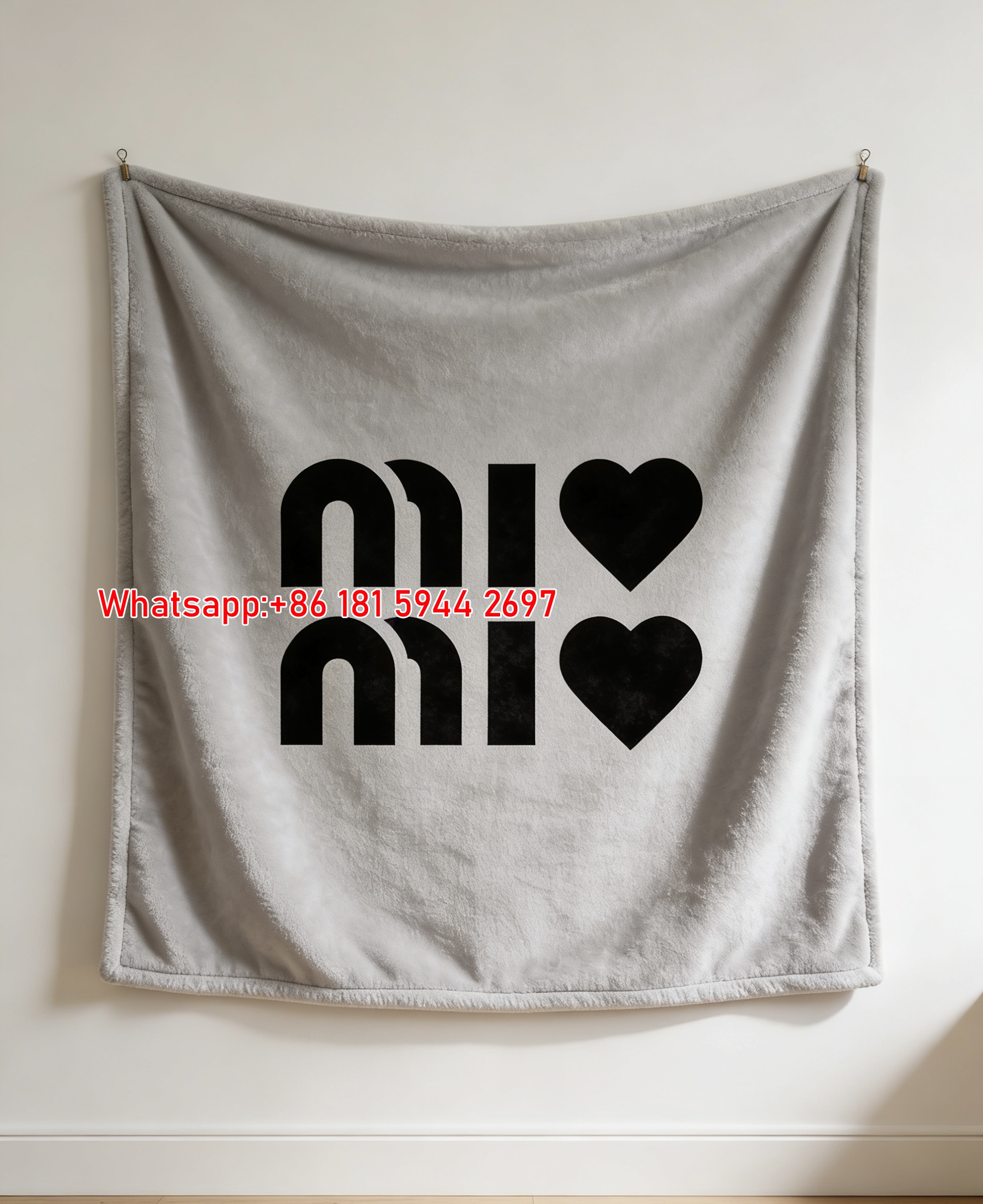 Miu Miu Light Grey Background Black Heart Logo Print Flannel Throw Blanket IMG_0407
